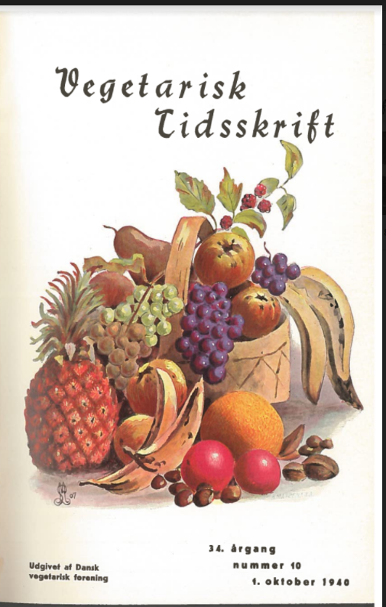 Billede af Vegetarisk Tidskrift fra 1948. Overskriften står med skråskrift og billedet på forsiden forestiller en masse forskellige frugter